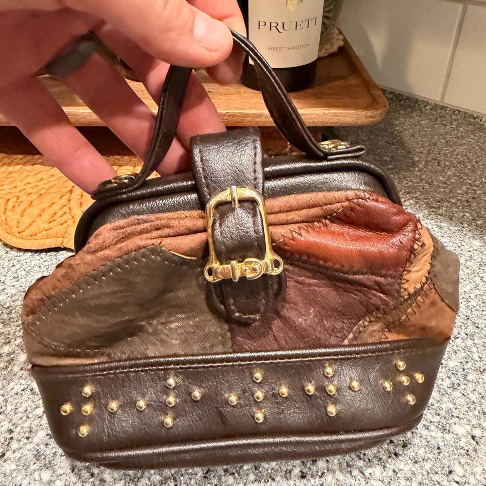 Vintage Small Clutch Patchwork Leather Top-Handle Brown Bag Y2K